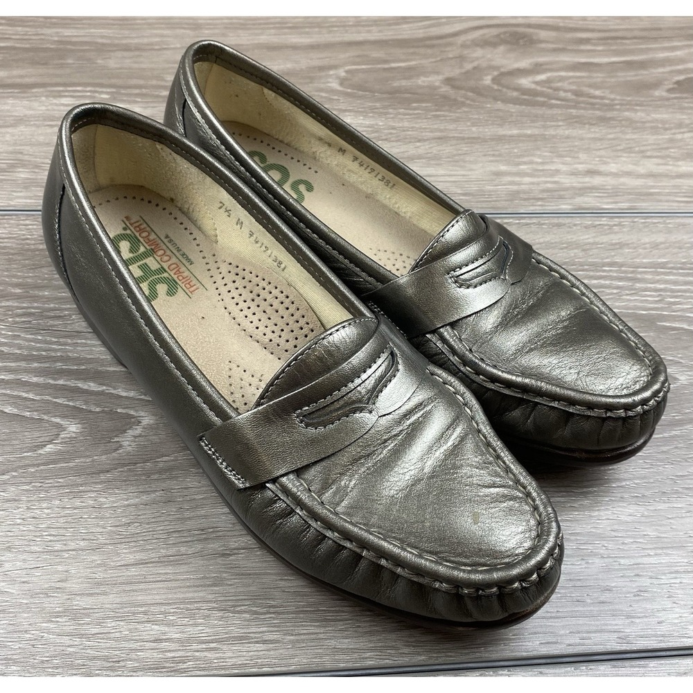 SAS Women's Slip On Tripad Comfort Leather Penny Loafers Metallic Silver 7.5 M